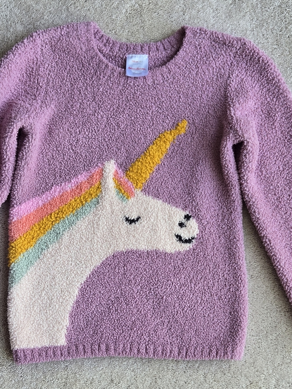 Hanna Andersson Marshmallow Pink Fuzzy Unicorn Sweater with Rainbow Hair